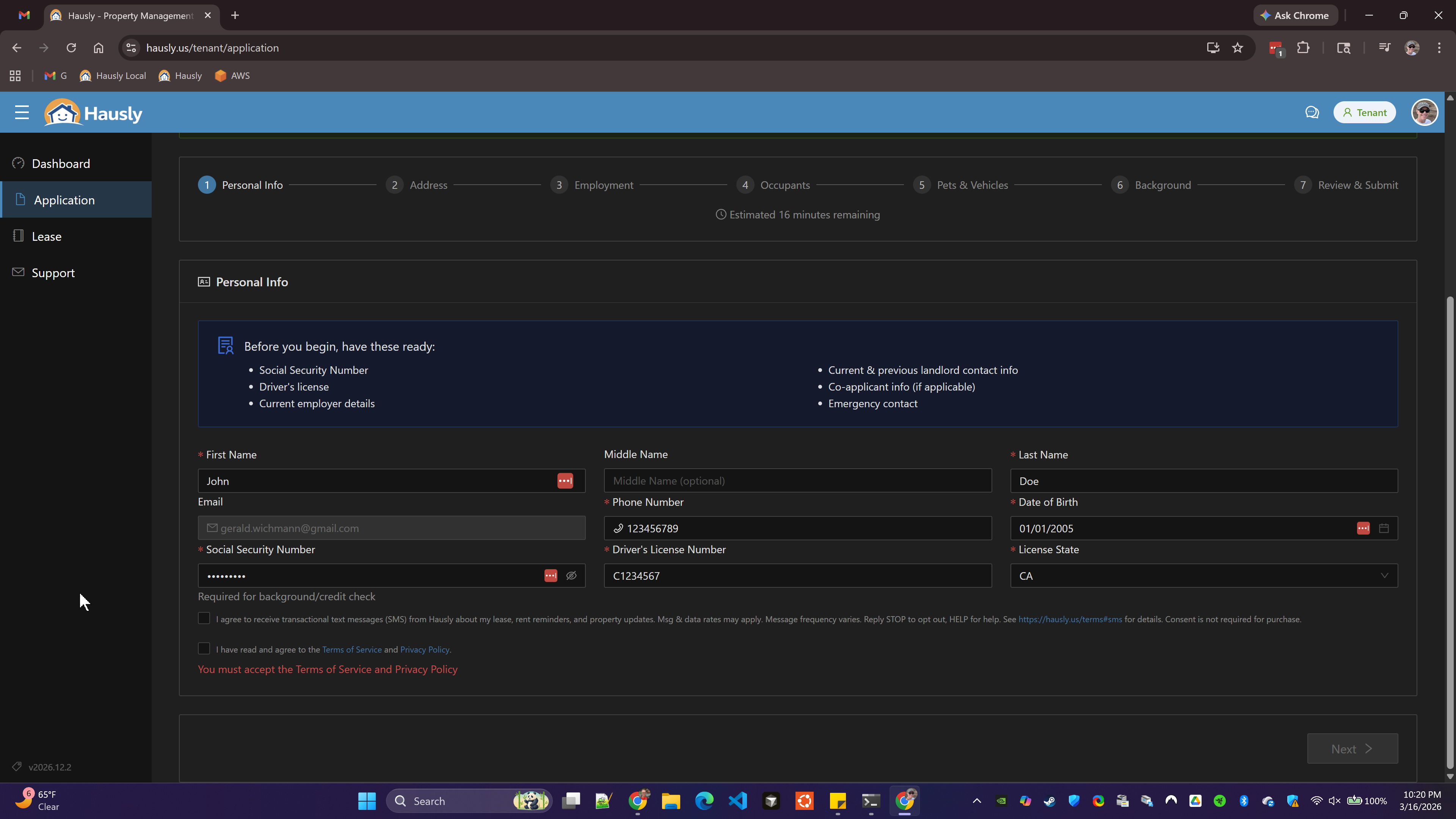 Screenshot of the Hausly tenant application form showing the Personal Info step with phone number field and unchecked SMS consent checkbox with full disclosure text
