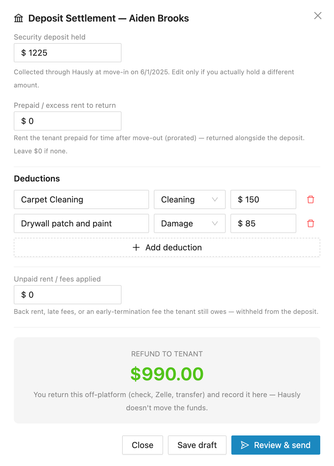 Hausly deposit settlement with itemized deductions and refund to tenant