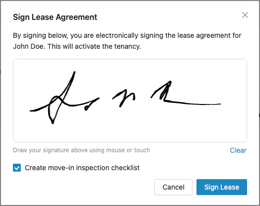 Landlord countersigning a lease in Hausly with a drawn electronic signature