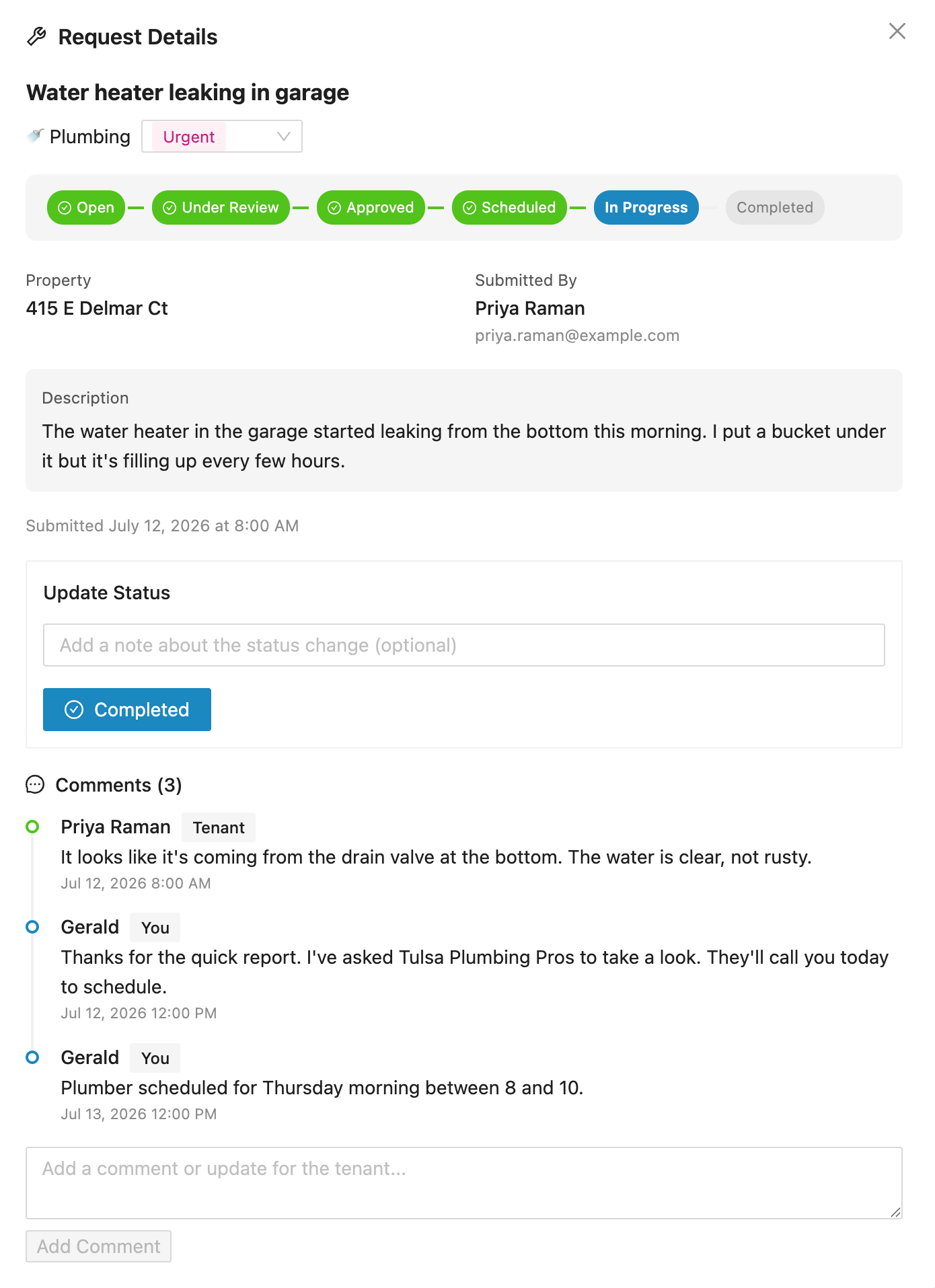 Hausly maintenance request with status pipeline and comment thread between tenant and landlord