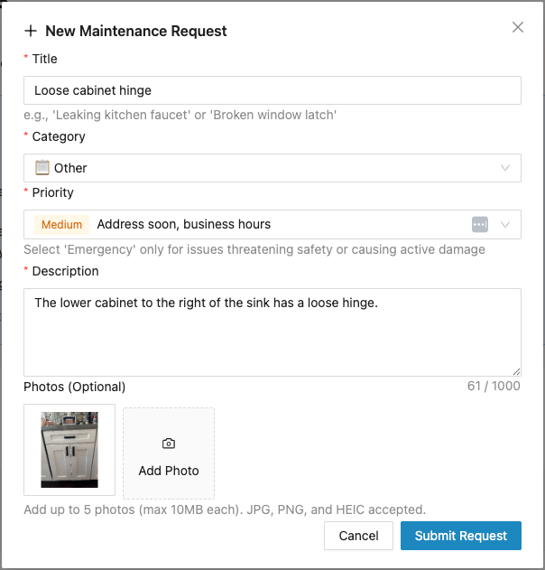 Tenant submitting a maintenance request with a photo