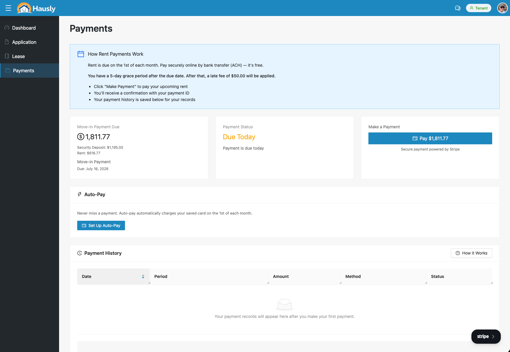 Tenant payments page with rent due and autopay setup