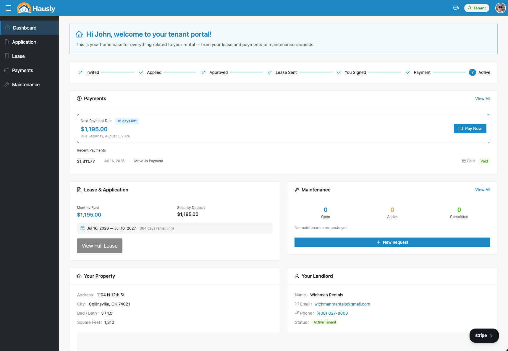 Hausly tenant portal with payment due, lease details, and maintenance